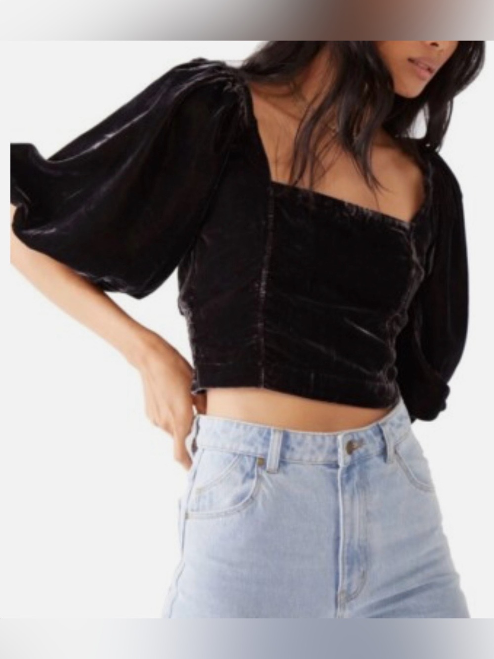 Free People Marie Crop Top Black Velvet Open Tie Back Ballon Sleeve Sz L